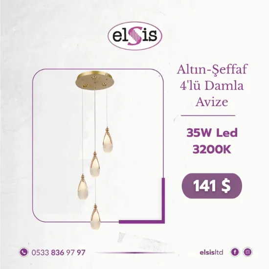 Altın Şeffaf  4'lü Damla Avize resmi